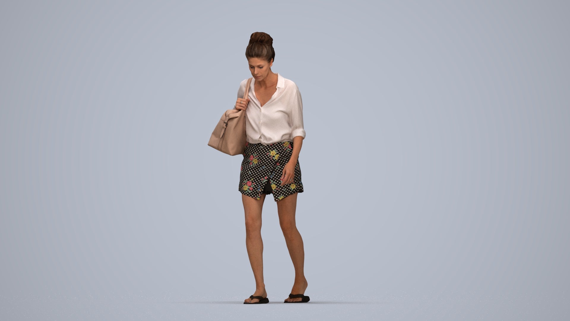 3D human model woman casual walking, photogrammetry scanned person for archviz, top-down view render