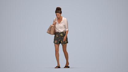 3D human model woman casual walking, photogrammetry scanned person for archviz, top-down view render