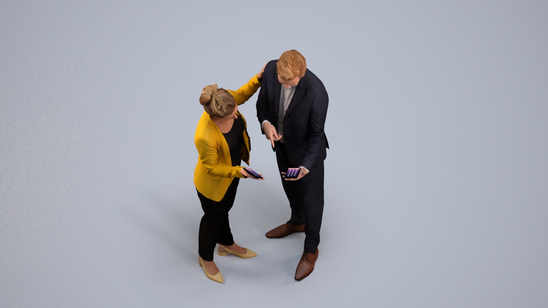 3D human model woman business, photogrammetry scanned person for archviz, back view render