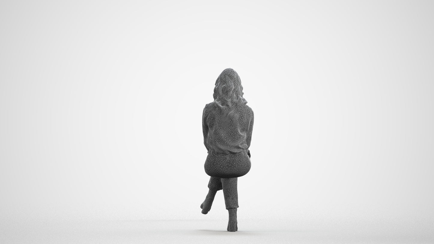 3D human model woman business sitting, photogrammetry scanned person for archviz, wireframe front view