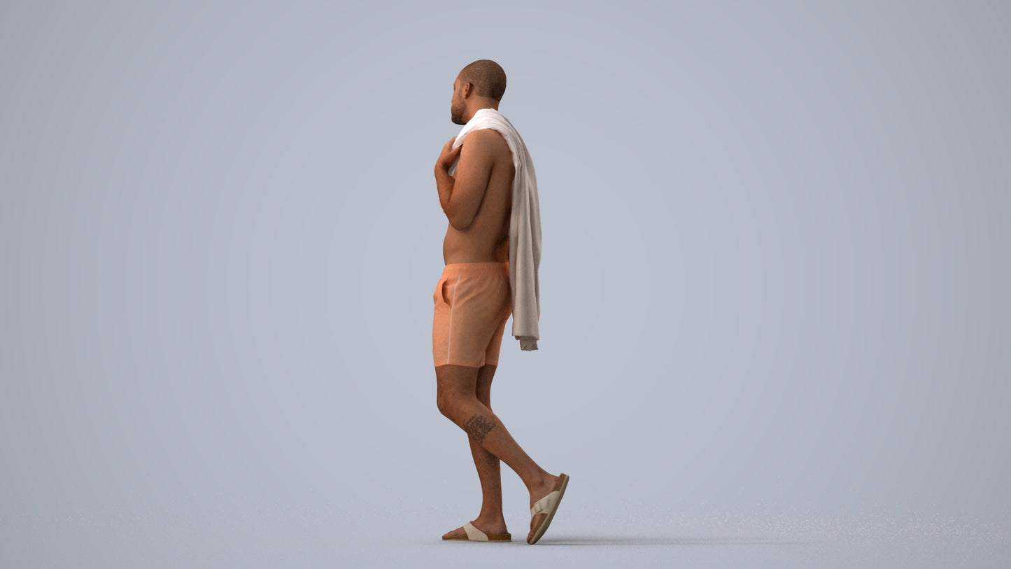 3D human model man pool, photogrammetry scanned person for archviz, three-quarter view render