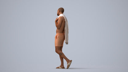 3D human model man pool, photogrammetry scanned person for archviz, three-quarter view render