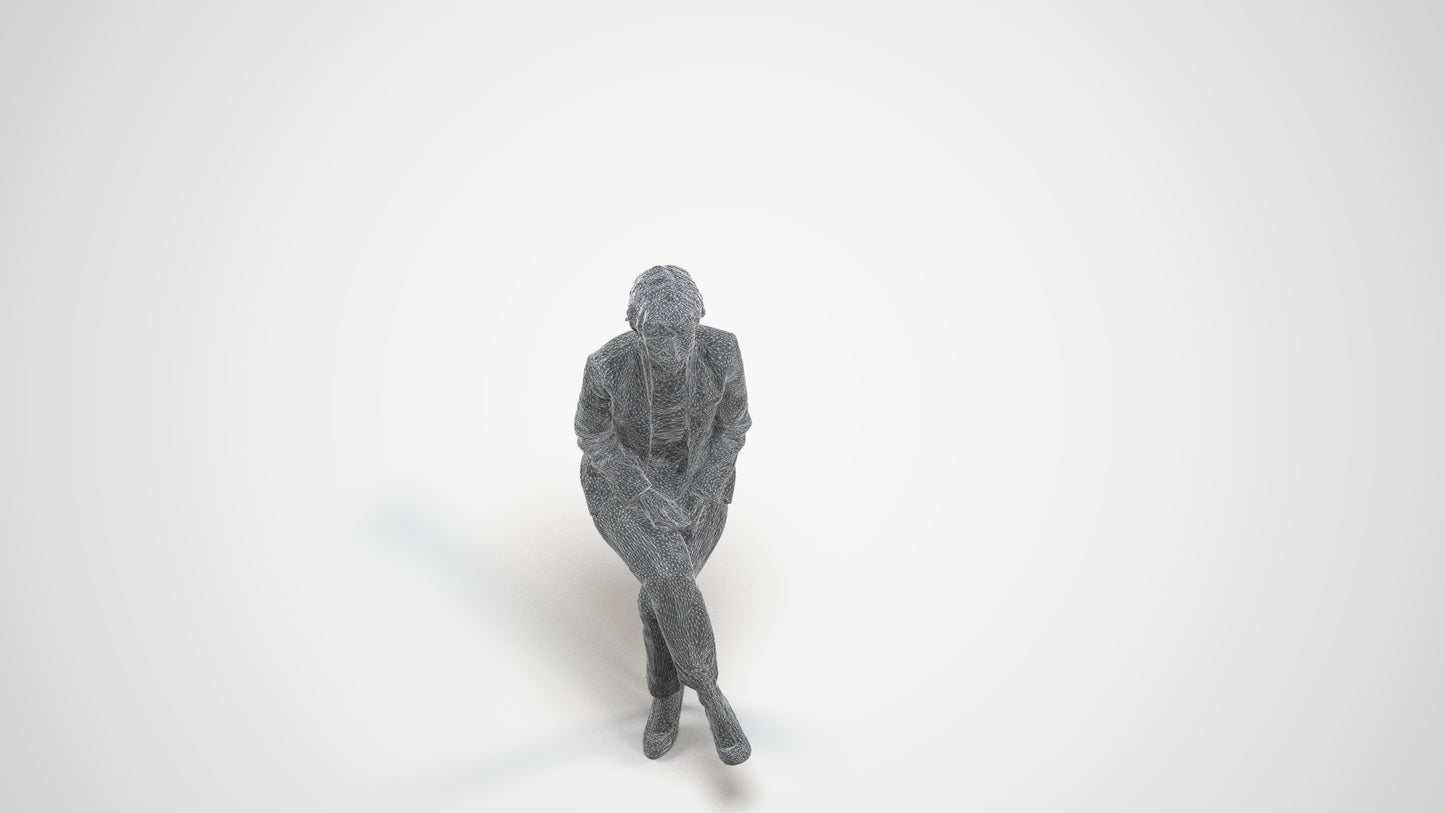 3D human model senior woman business sitting, photogrammetry scanned person for archviz, wireframe three-quarter view