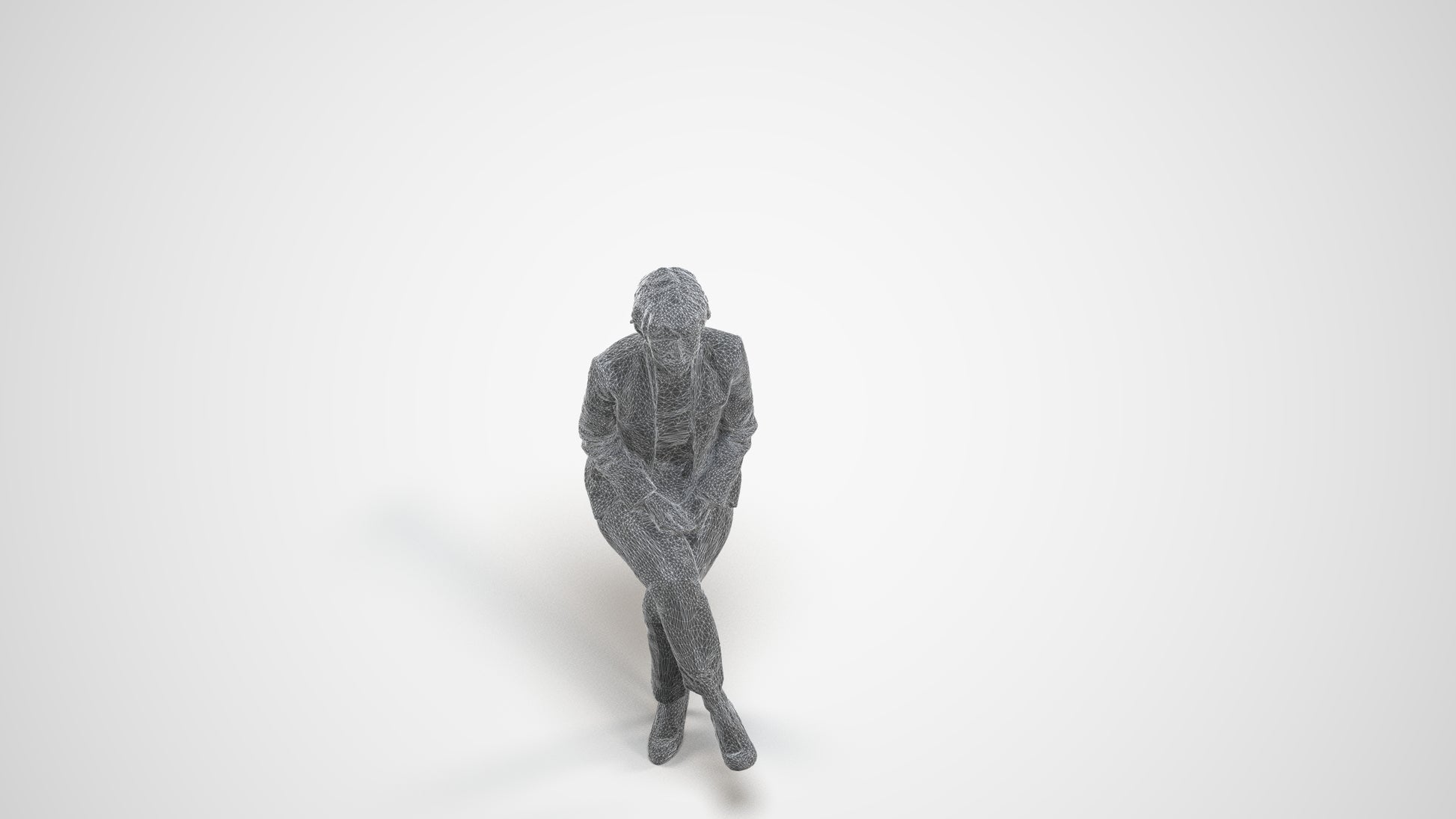 3D human model senior woman business sitting, photogrammetry scanned person for archviz, wireframe three-quarter view