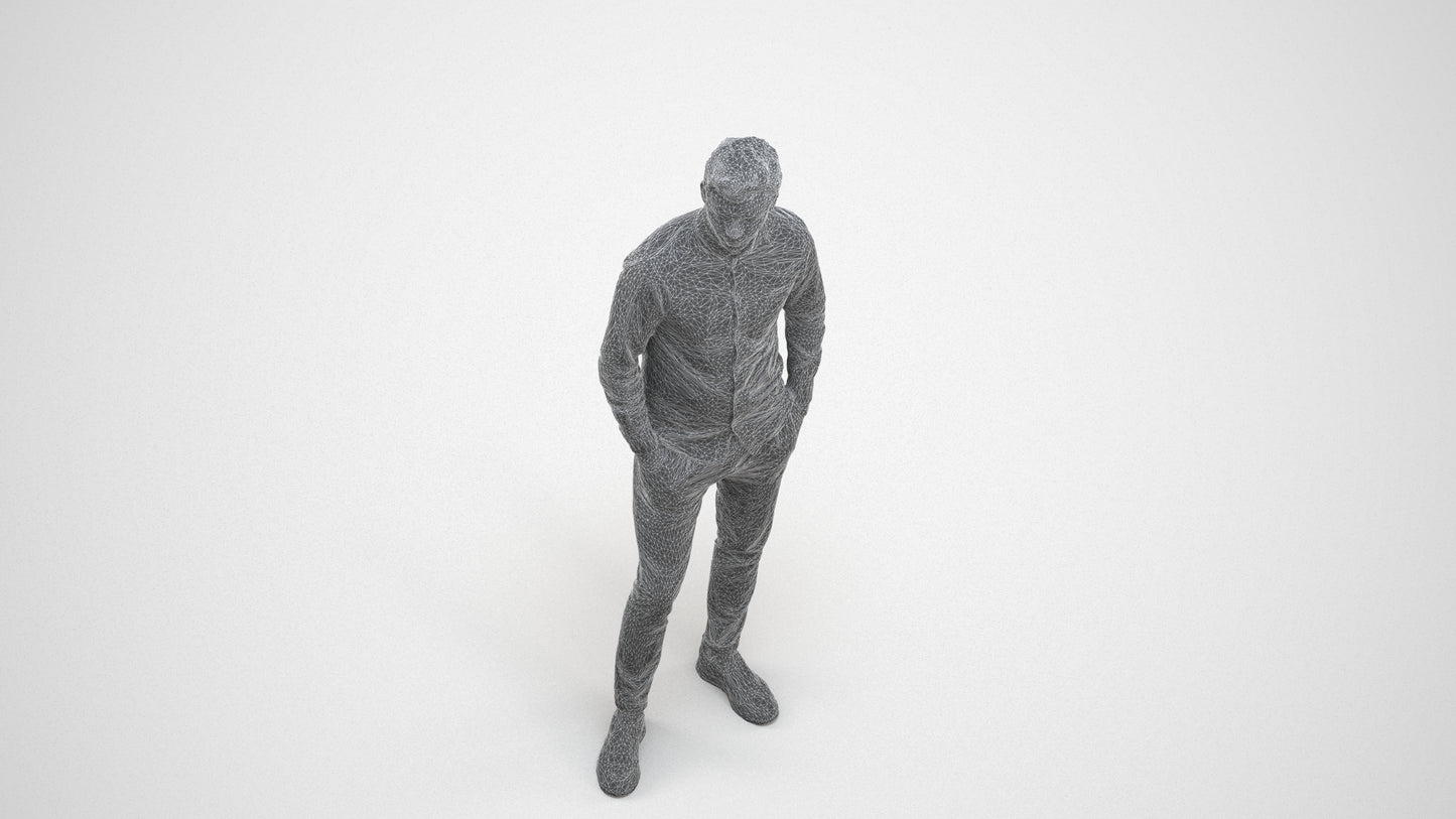 realistic 3D human man casual standing, archviz people FBX OBJ for Blender, wireframe three-quarter view
