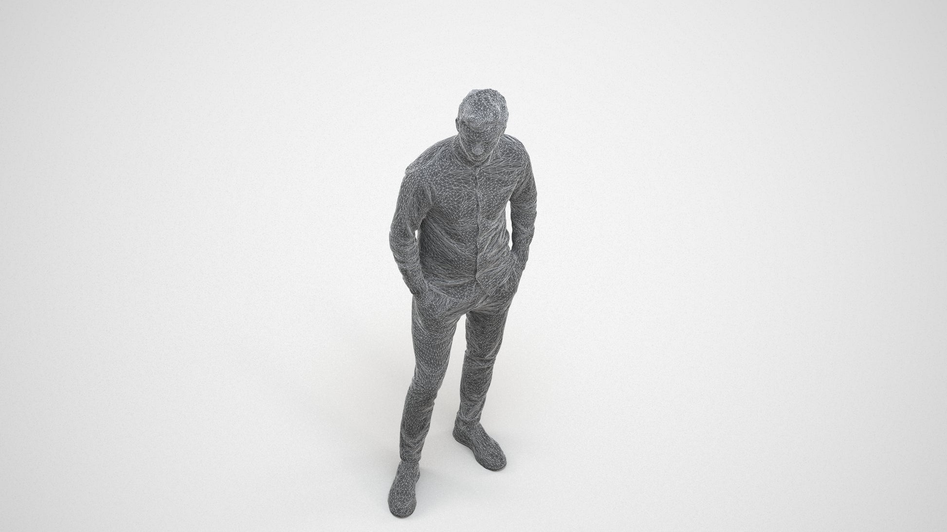 realistic 3D human man casual standing, archviz people FBX OBJ for Blender, wireframe three-quarter view