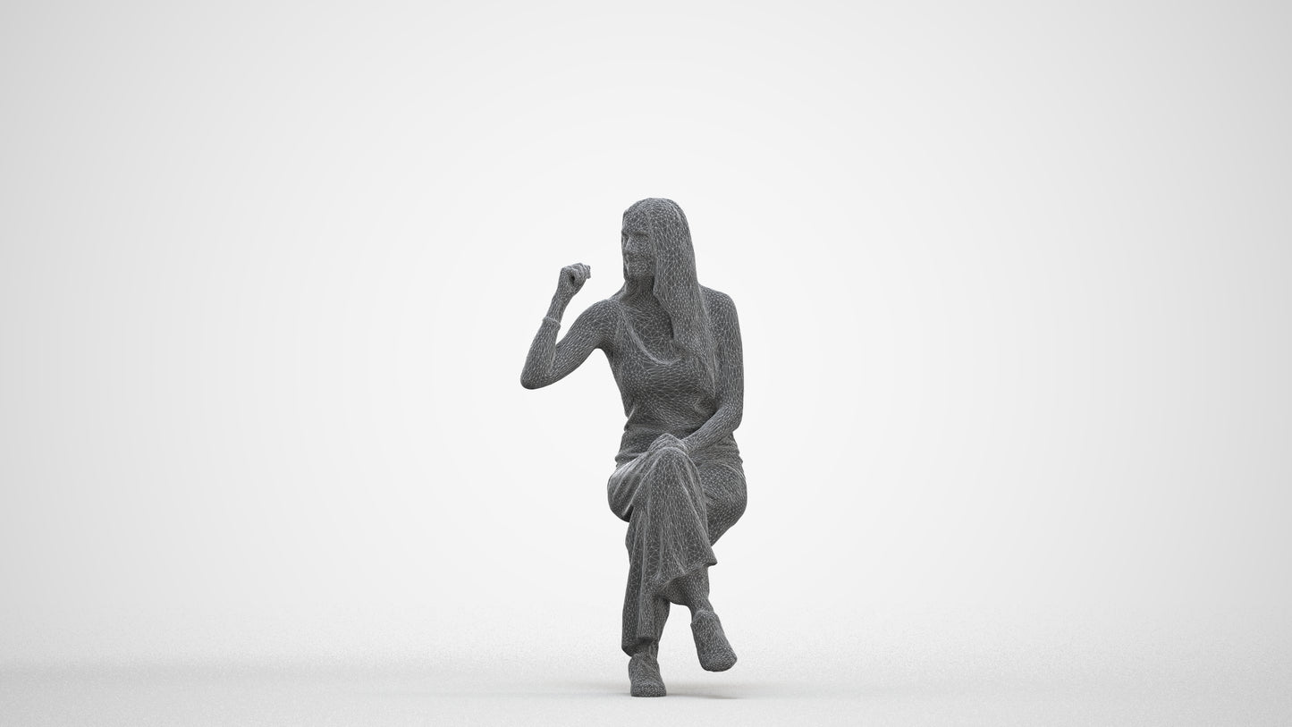 3D people model woman casual sitting, scanned human for 3ds Max rendering, three-quarter front view render