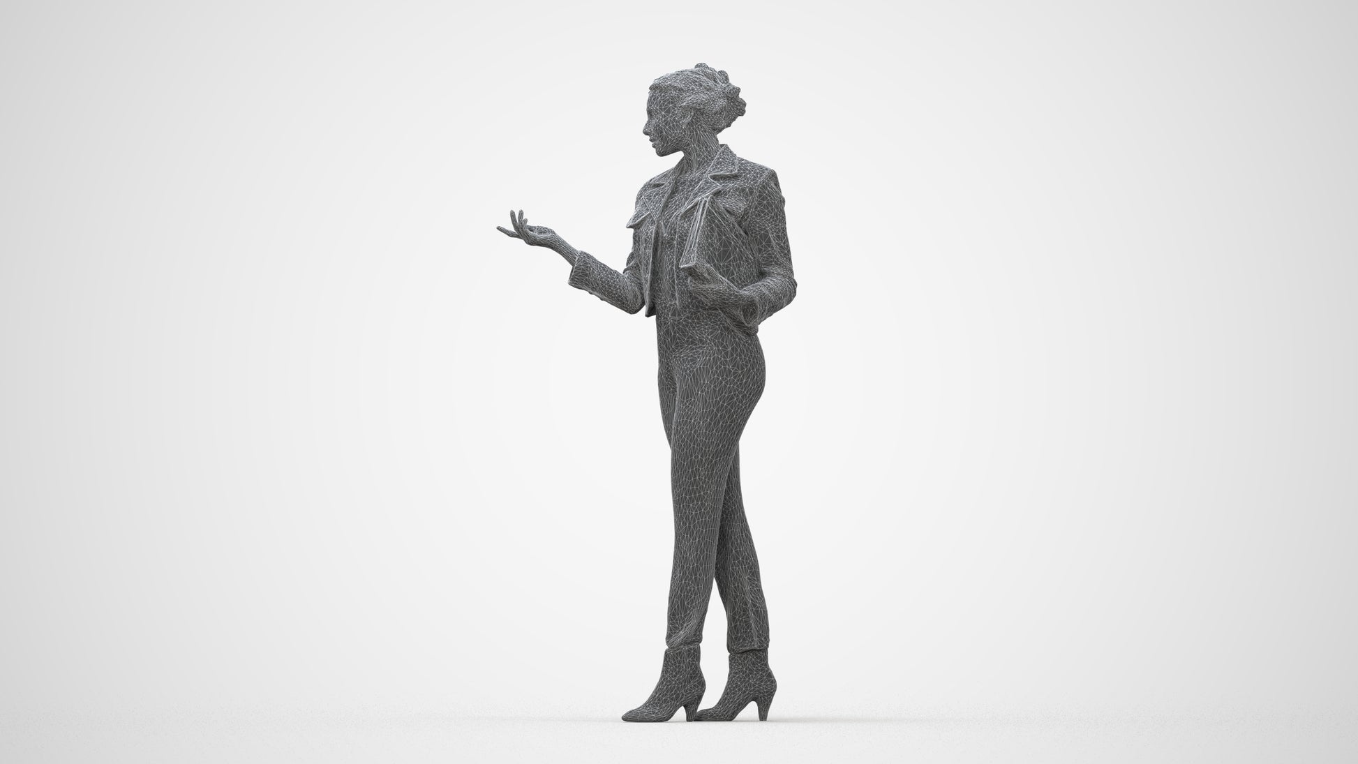 3D human model woman business standing, photogrammetry scanned person for archviz, wireframe back view