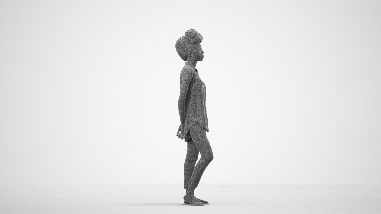 3D human model woman casual standing, photogrammetry scanned person for archviz, wireframe side view
