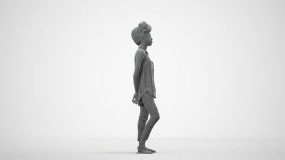 3D human model woman casual standing, photogrammetry scanned person for archviz, wireframe side view