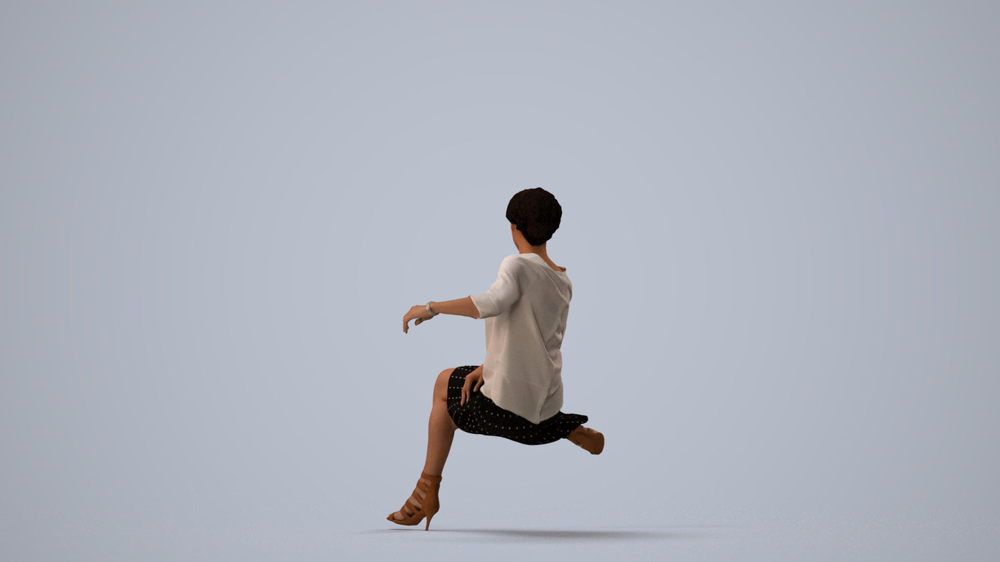 3D scanned woman sitting casual, photorealistic archviz people for Enscape and SketchUp, three-quarter view render
