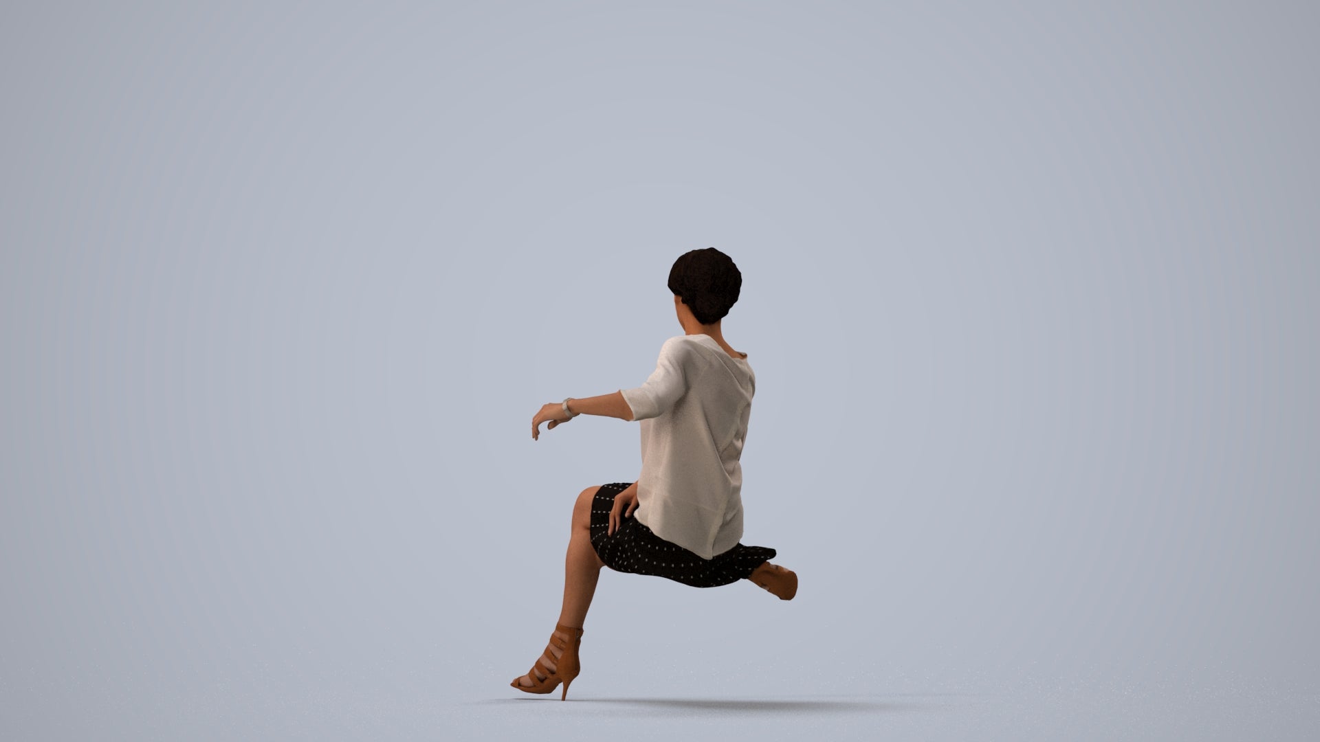 3D scanned woman sitting casual, photorealistic archviz people for Enscape and SketchUp, three-quarter view render