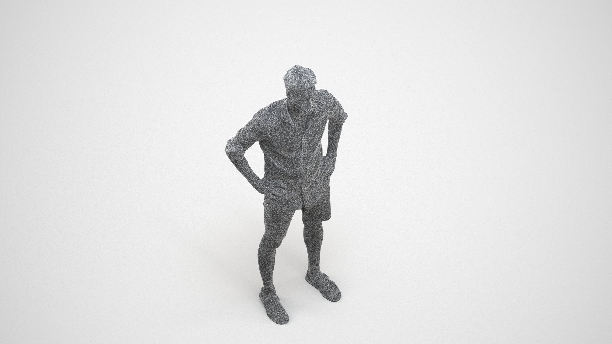 3D scanned man standing casual, photorealistic archviz people for Enscape and SketchUp, wireframe three-quarter view