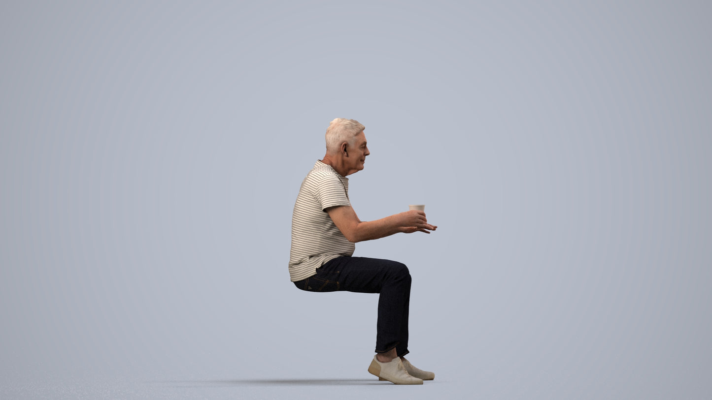 realistic 3D human senior man casual sitting, archviz people FBX OBJ for Blender, side view render