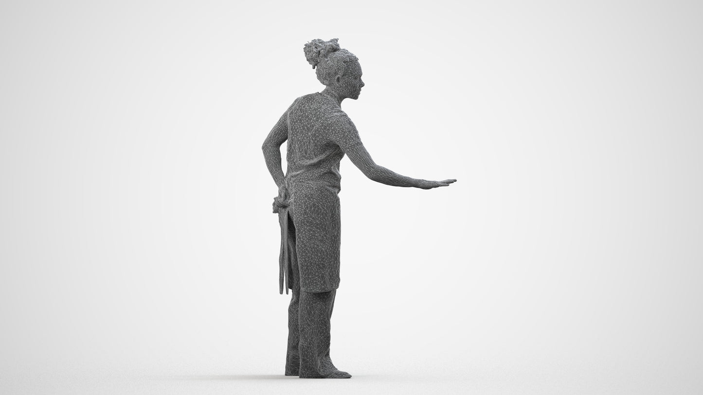 realistic 3D people woman hospitality, render-ready for V-Ray and Corona, FBX OBJ, wireframe side view