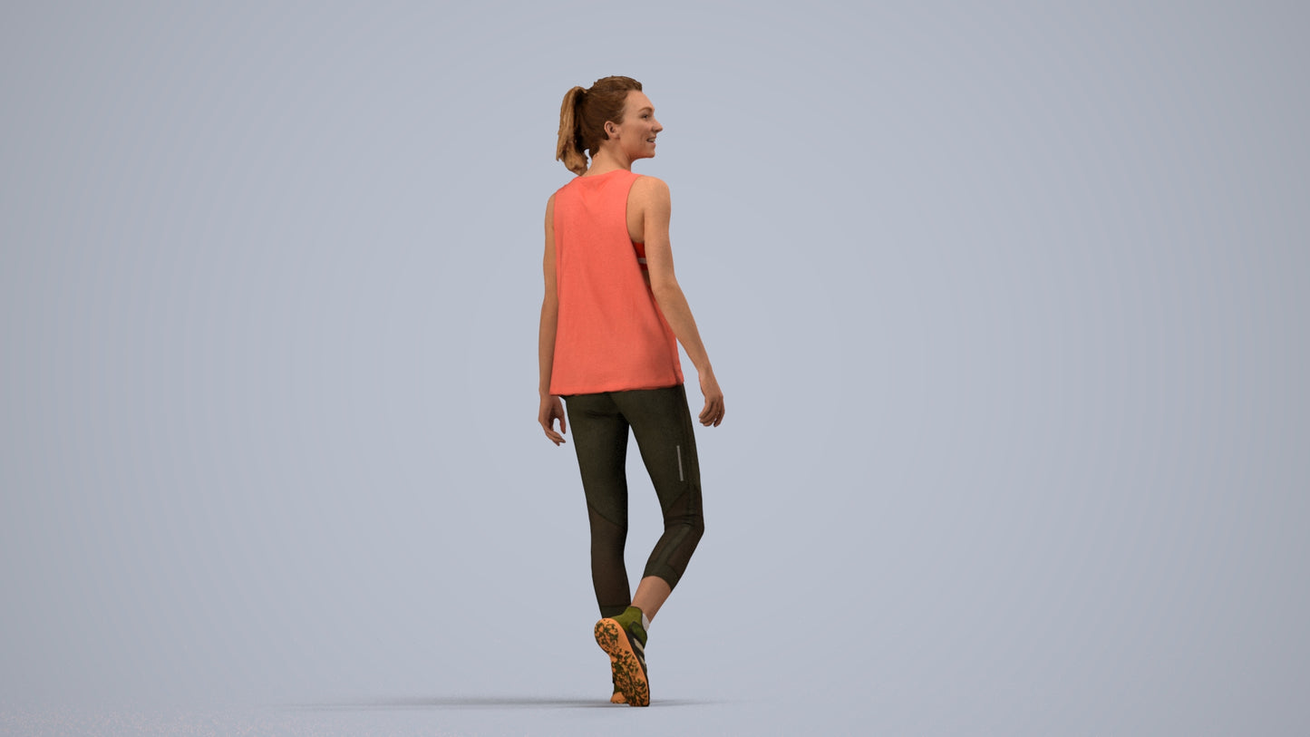 3D human model woman sport, photogrammetry scanned person for archviz, side view render