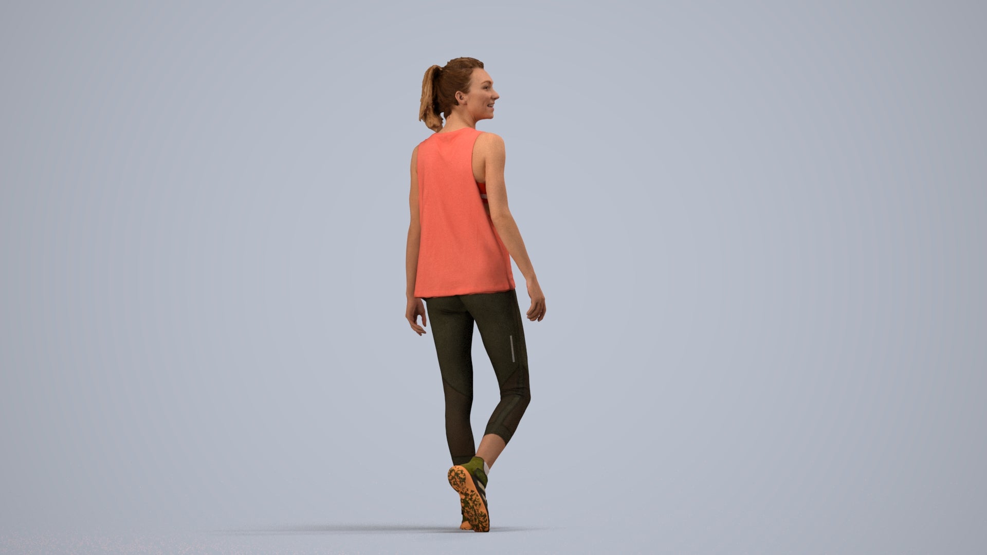 3D human model woman sport, photogrammetry scanned person for archviz, side view render