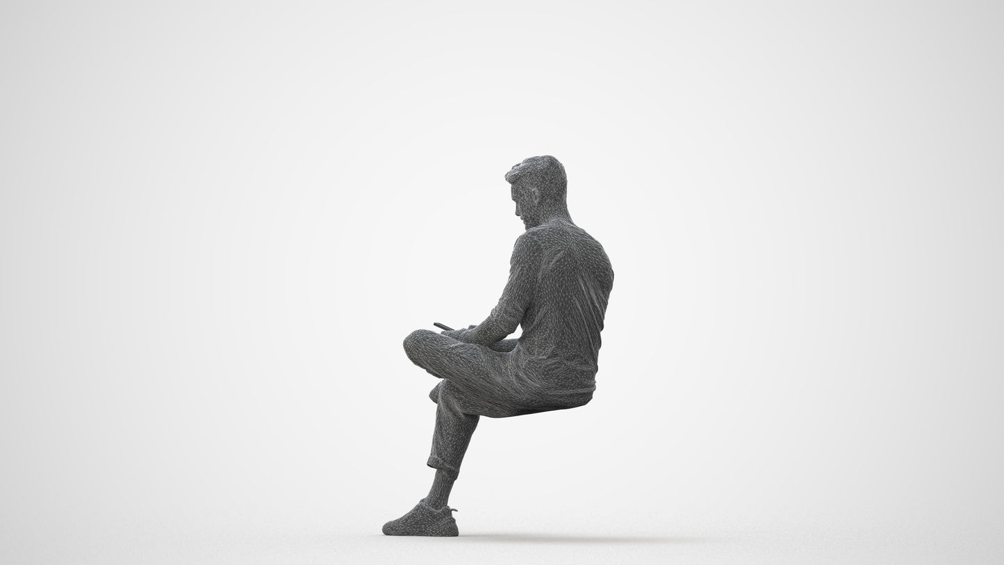 3D human model man casual sitting, photogrammetry scanned person for archviz, square thumbnail