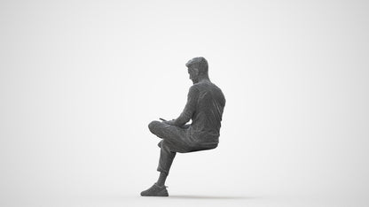 3D human model man casual sitting, photogrammetry scanned person for archviz, square thumbnail