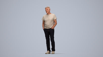 3D human model senior man casual standing, photogrammetry scanned person for archviz, top-down view render