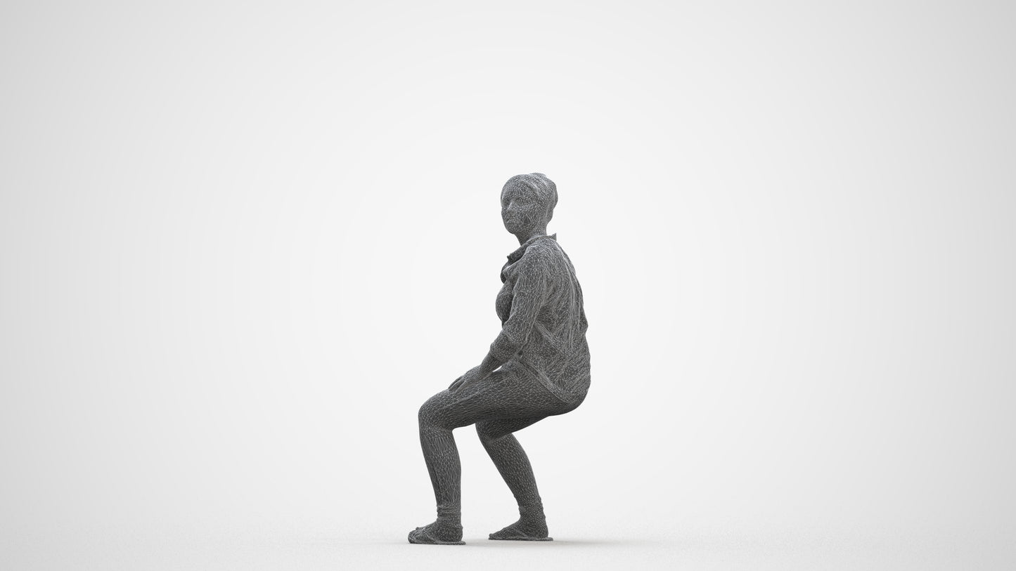 photogrammetry 3D woman casual sitting, realistic human model archviz FBX, three-quarter front view render