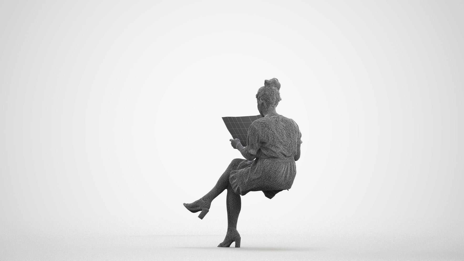 photogrammetry 3D woman casual sitting, realistic human model archviz FBX, wireframe front view