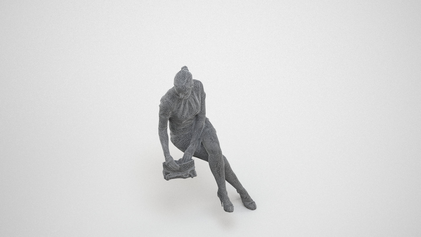 photogrammetry 3D woman business sitting, realistic human model archviz FBX, wireframe three-quarter view