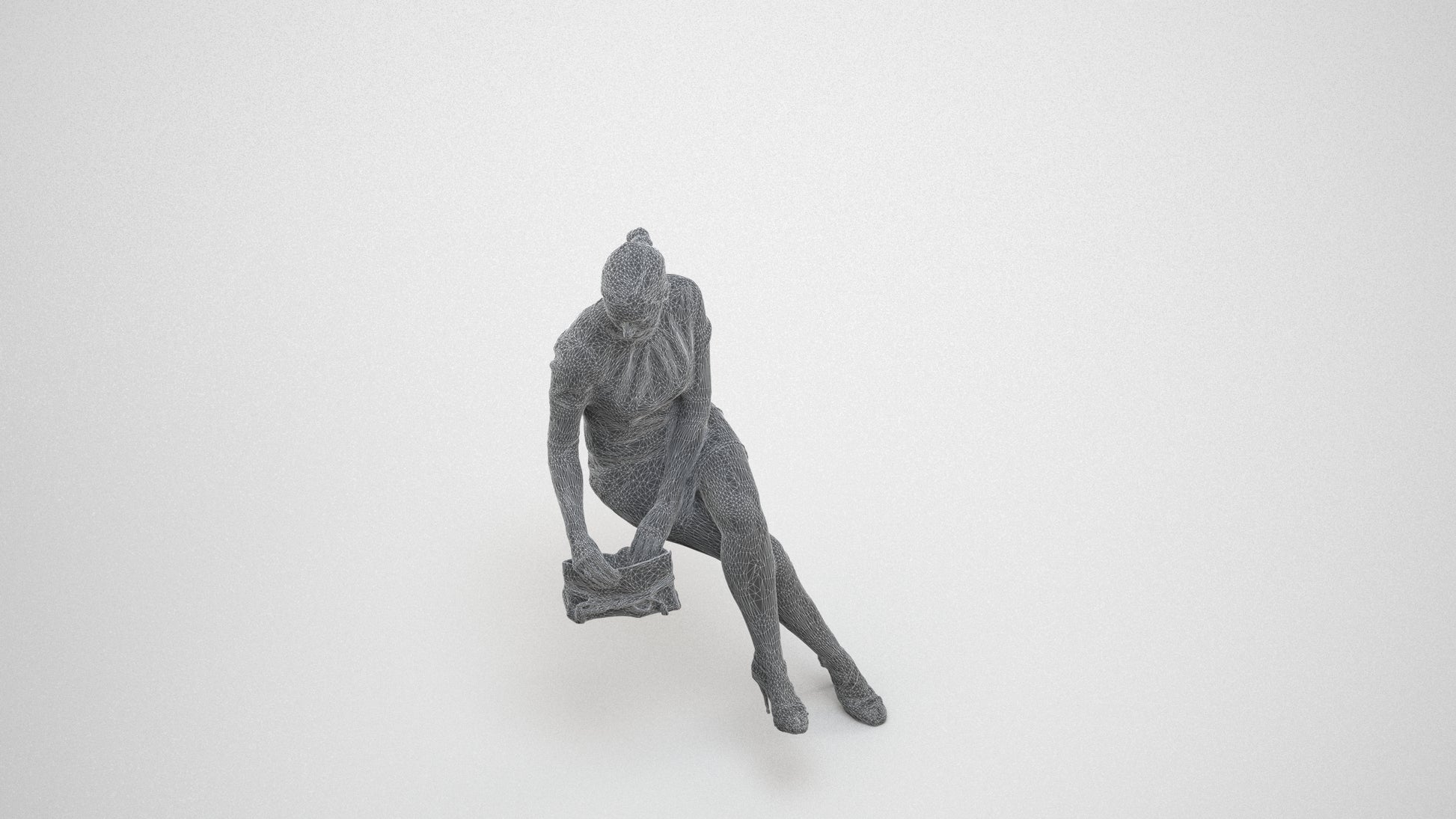 photogrammetry 3D woman business sitting, realistic human model archviz FBX, wireframe three-quarter view