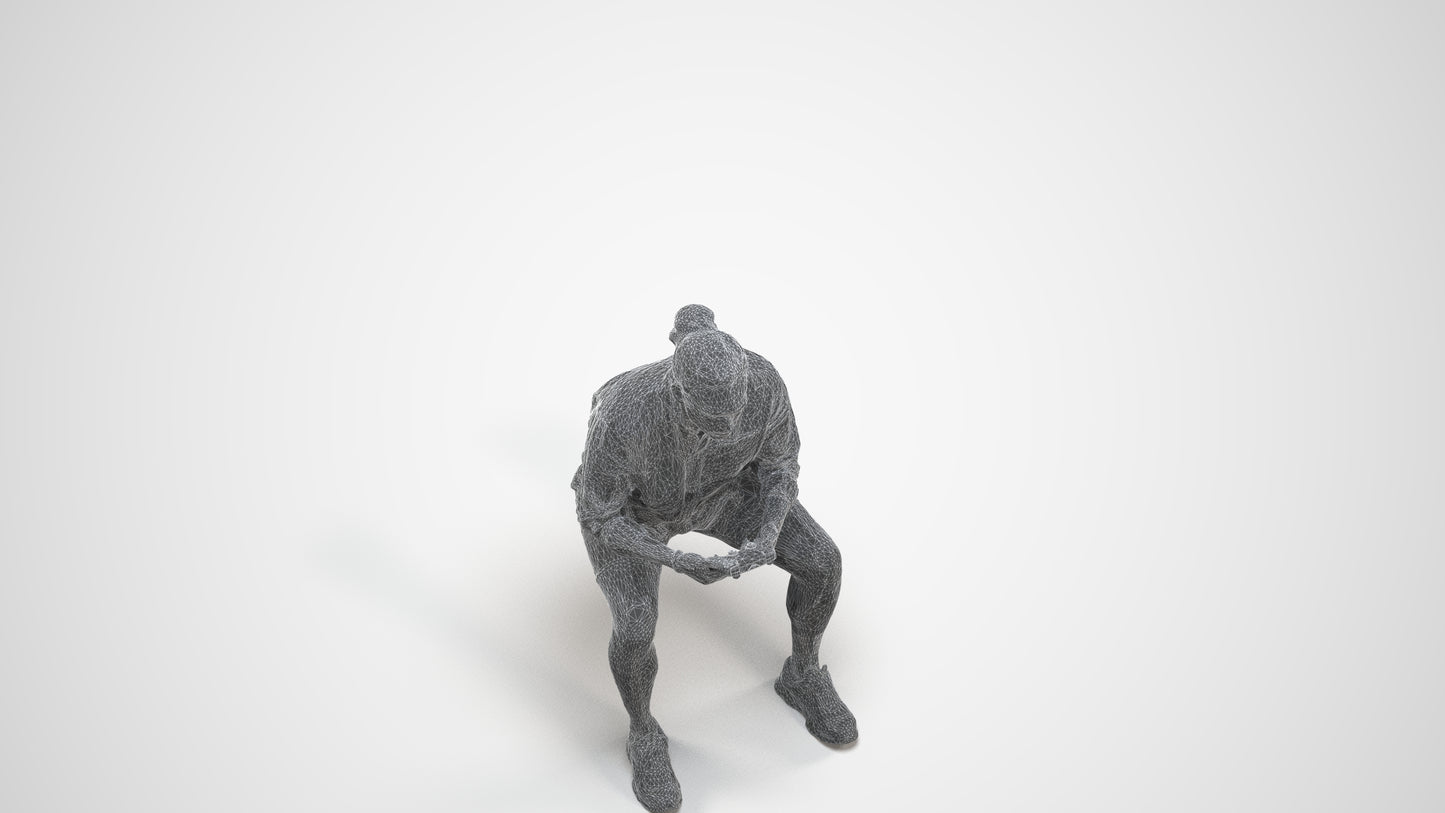 photogrammetry 3D man casual sitting, realistic human model archviz FBX, wireframe three-quarter view