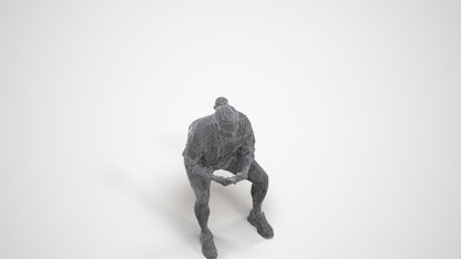 photogrammetry 3D man casual sitting, realistic human model archviz FBX, wireframe three-quarter view