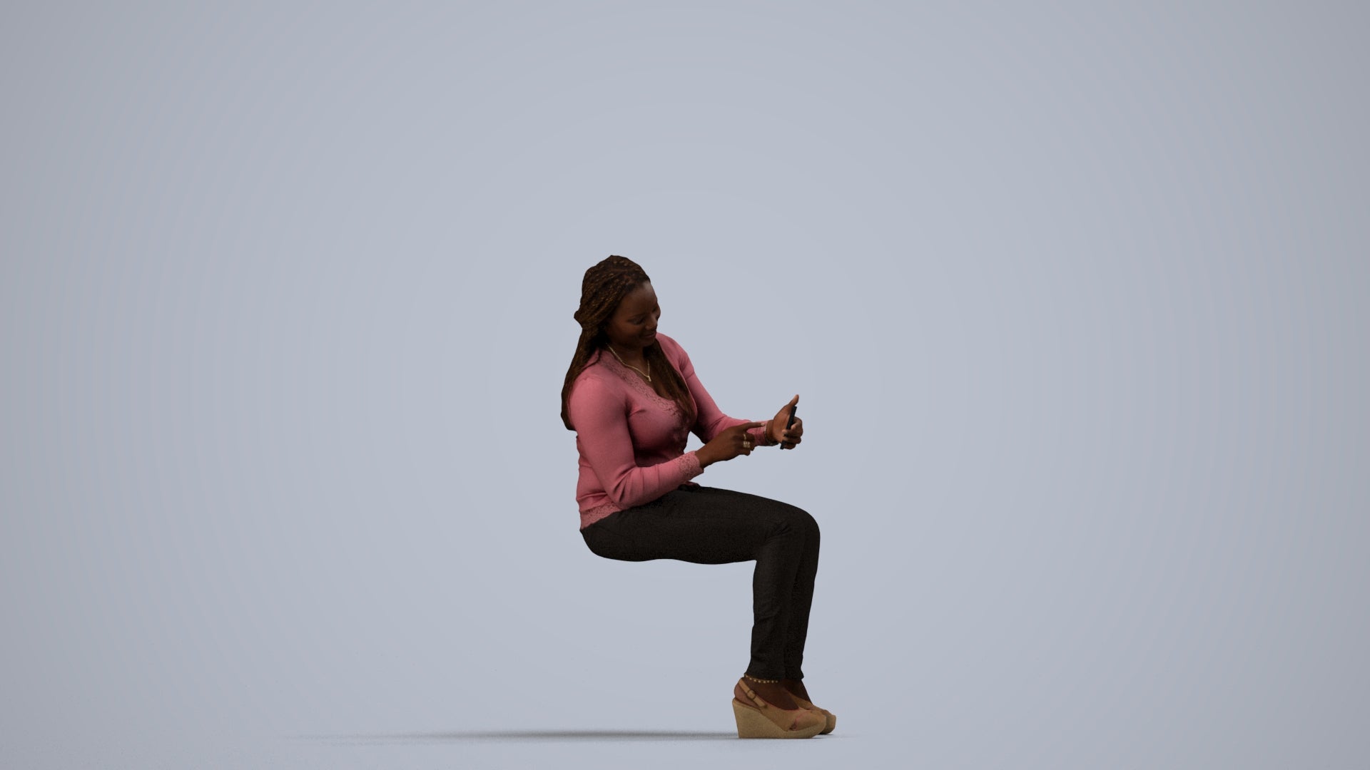 scanned 3D woman casual sitting, photogrammetry people for Enscape and V-Ray, side view render