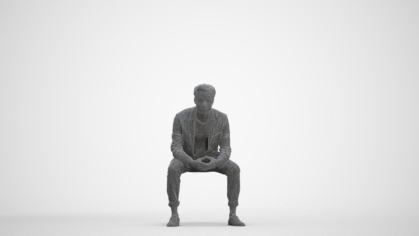 photogrammetry 3D man business sitting, realistic human model archviz FBX, three-quarter front view render
