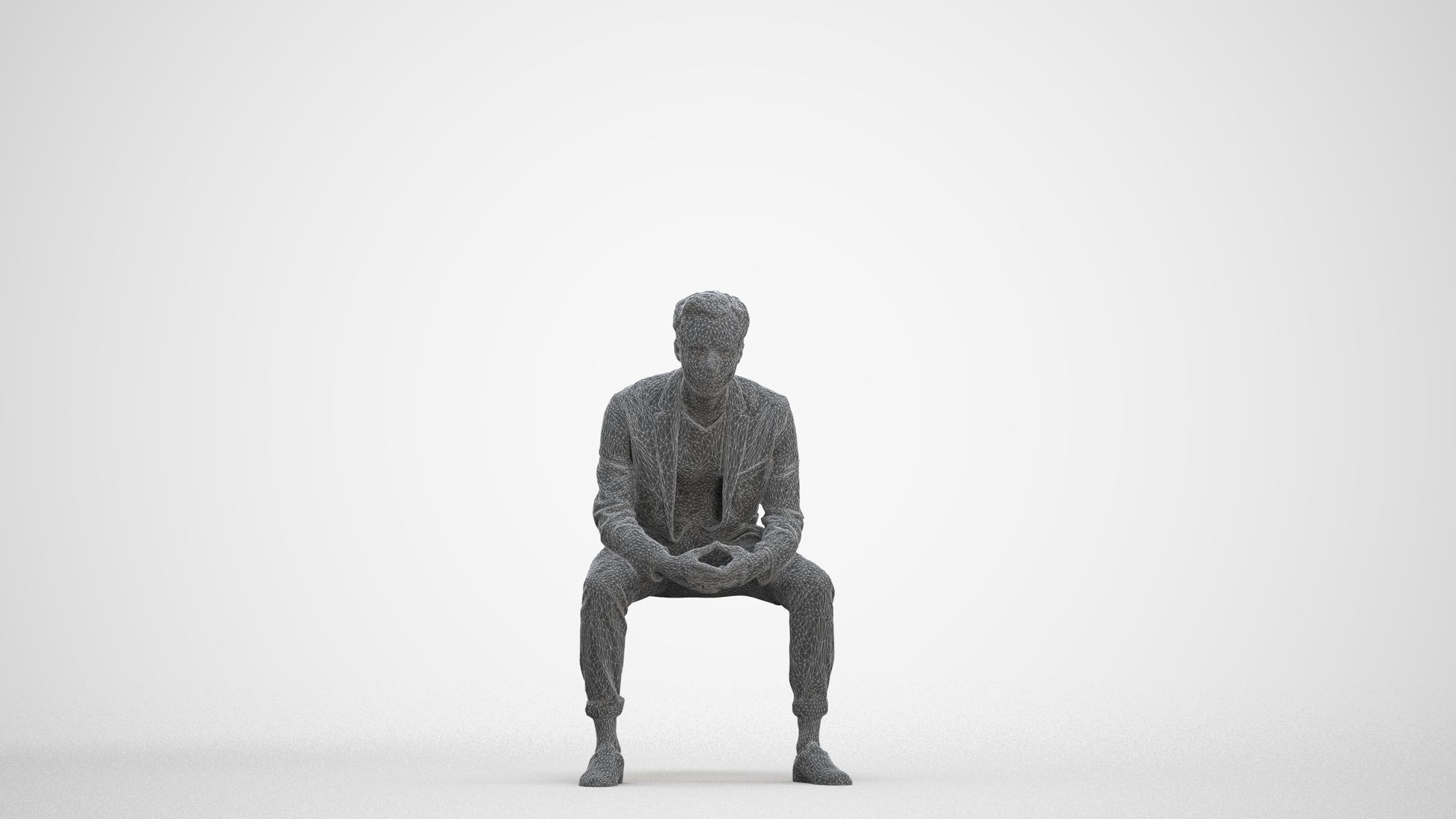 photogrammetry 3D man business sitting, realistic human model archviz FBX, three-quarter front view render