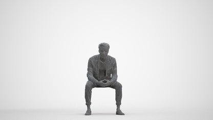 photogrammetry 3D man business sitting, realistic human model archviz FBX, three-quarter front view render