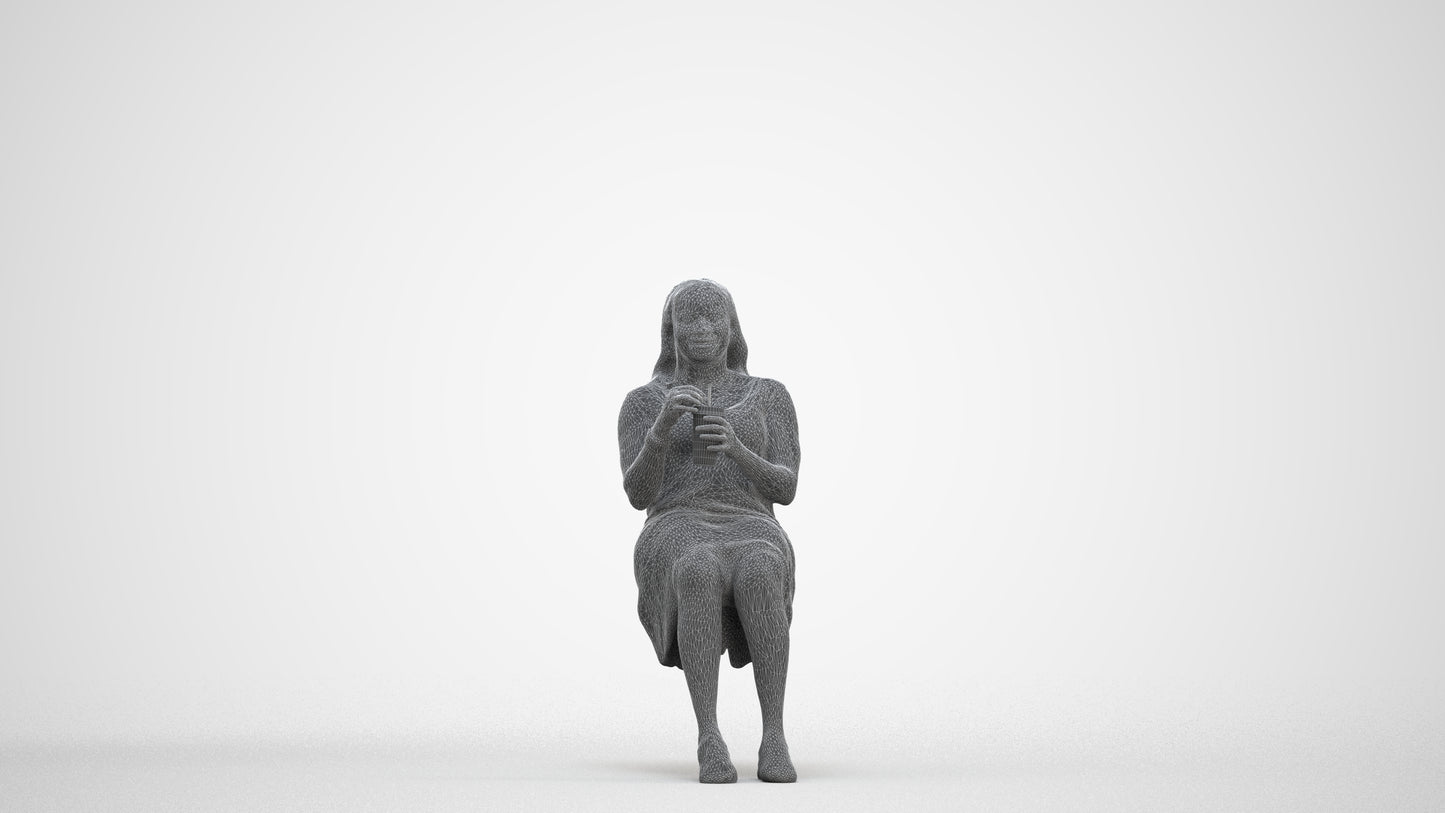 realistic 3D woman casual sitting, scanned archviz people for Blender and 3ds Max, three-quarter front view render