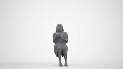 realistic 3D woman casual sitting, scanned archviz people for Blender and 3ds Max, three-quarter front view render