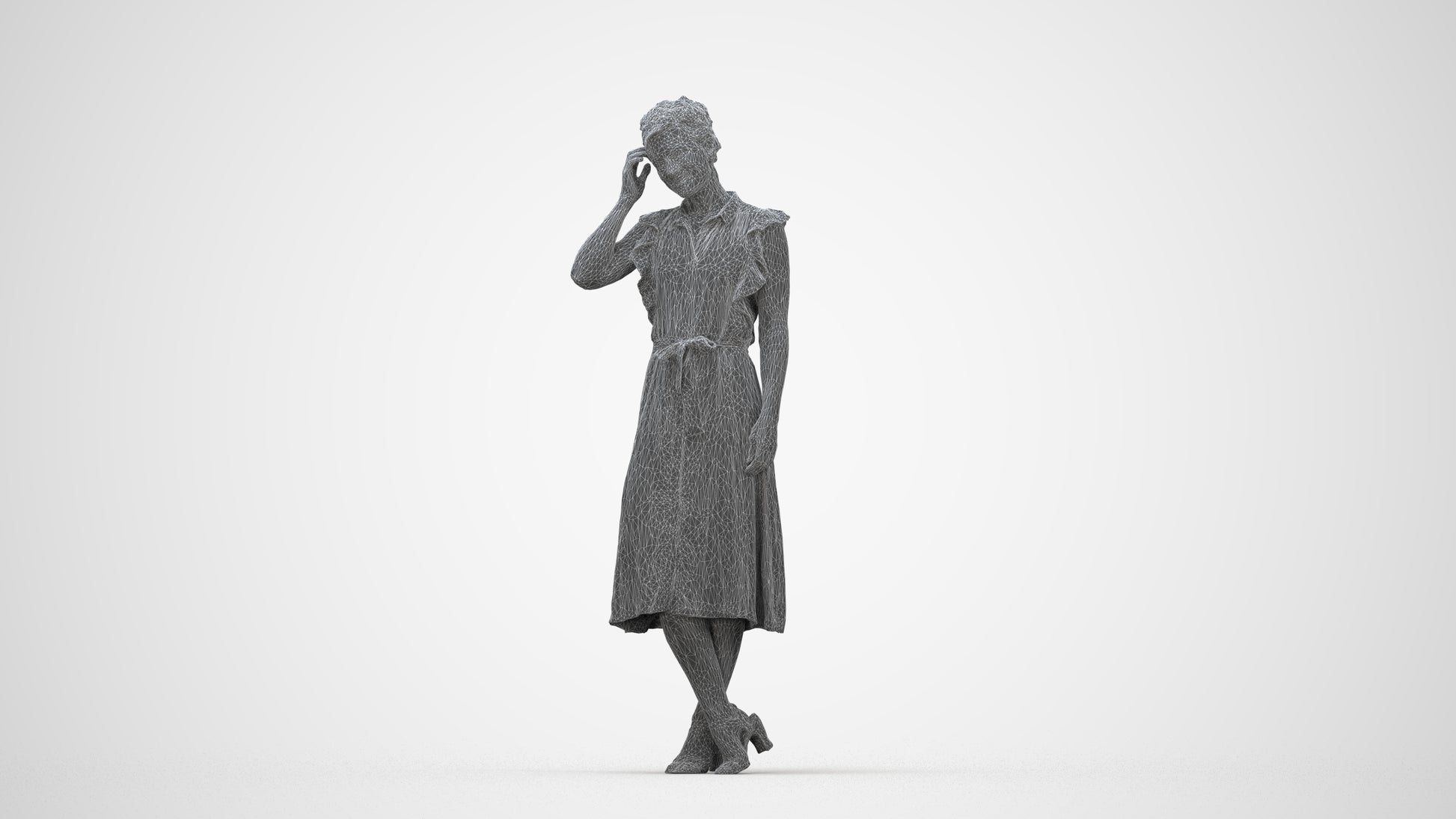 realistic 3D woman casual standing, scanned archviz people for Blender and 3ds Max, wireframe back view