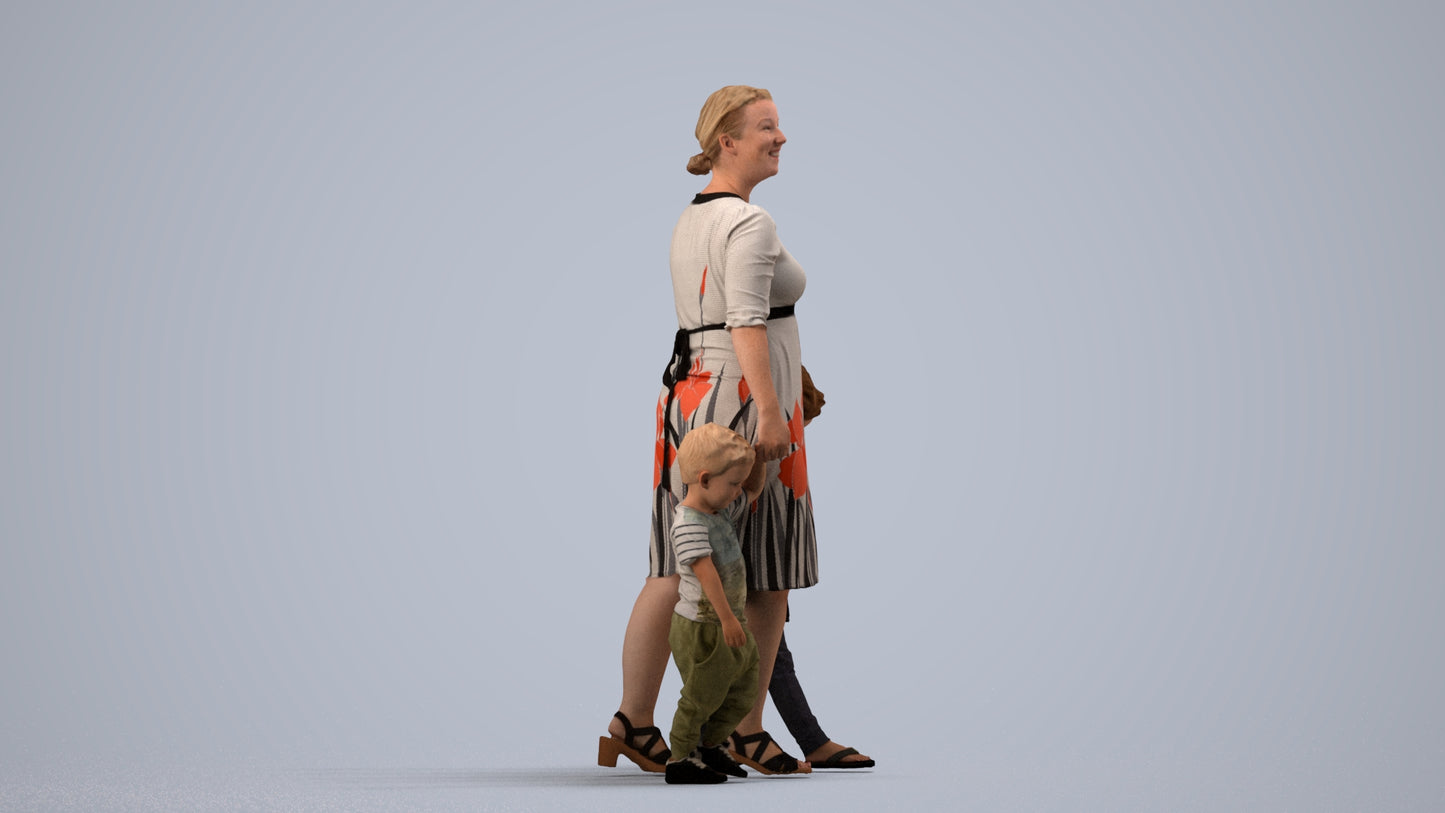 3D human model girl casual kids, photogrammetry scanned person for archviz, side view render