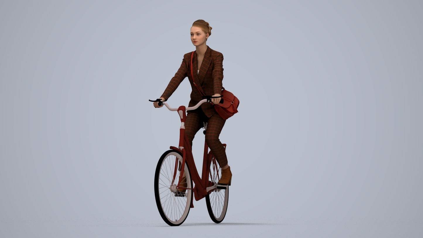 3D human model woman business cycling, photogrammetry scanned person for archviz, top-down view render
