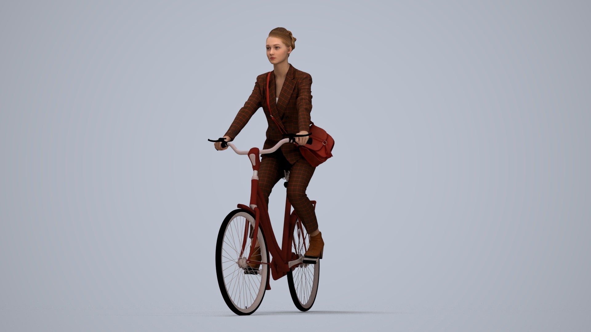 3D human model woman business cycling, photogrammetry scanned person for archviz, top-down view render