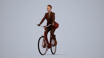 3D human model woman business cycling, photogrammetry scanned person for archviz, top-down view render