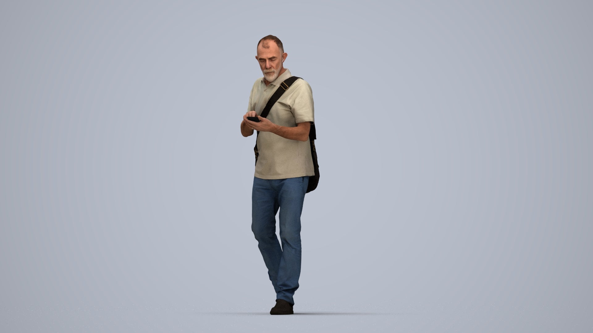 realistic 3D human senior man casual walking, archviz people FBX OBJ for Blender, top-down view render