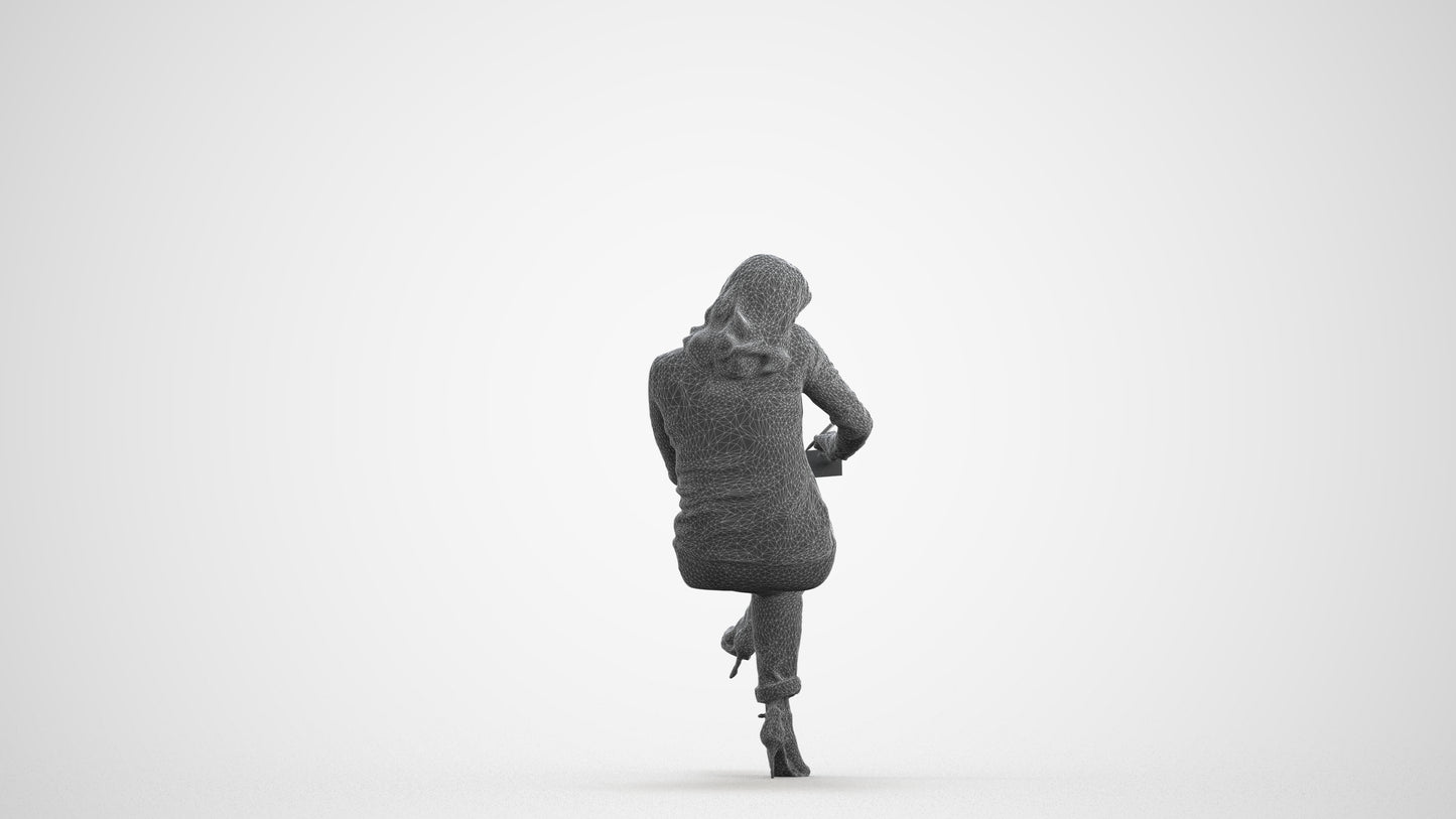 realistic 3D human woman casual sitting, archviz people FBX OBJ for Blender, wireframe front view