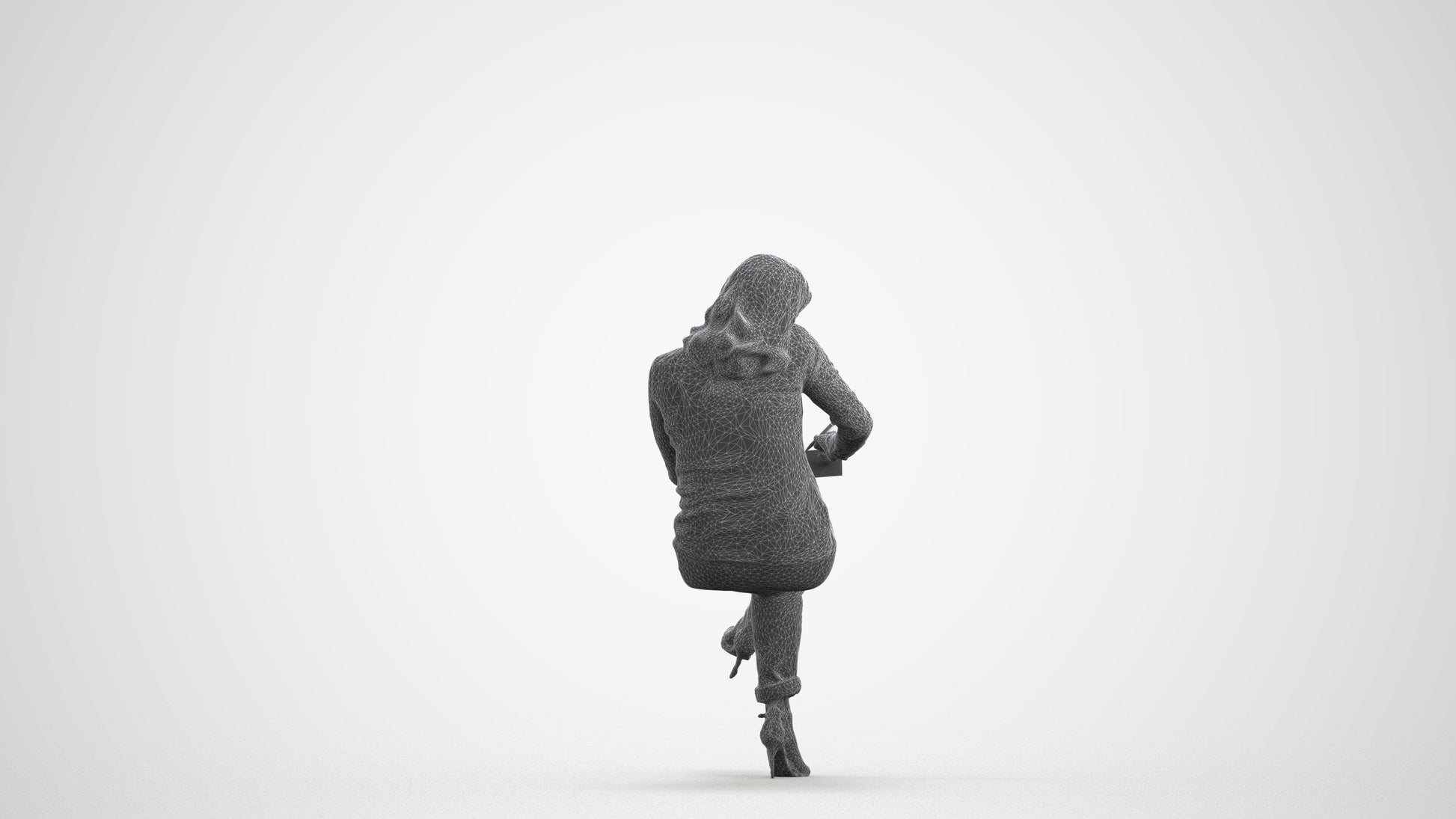 realistic 3D human woman casual sitting, archviz people FBX OBJ for Blender, wireframe front view