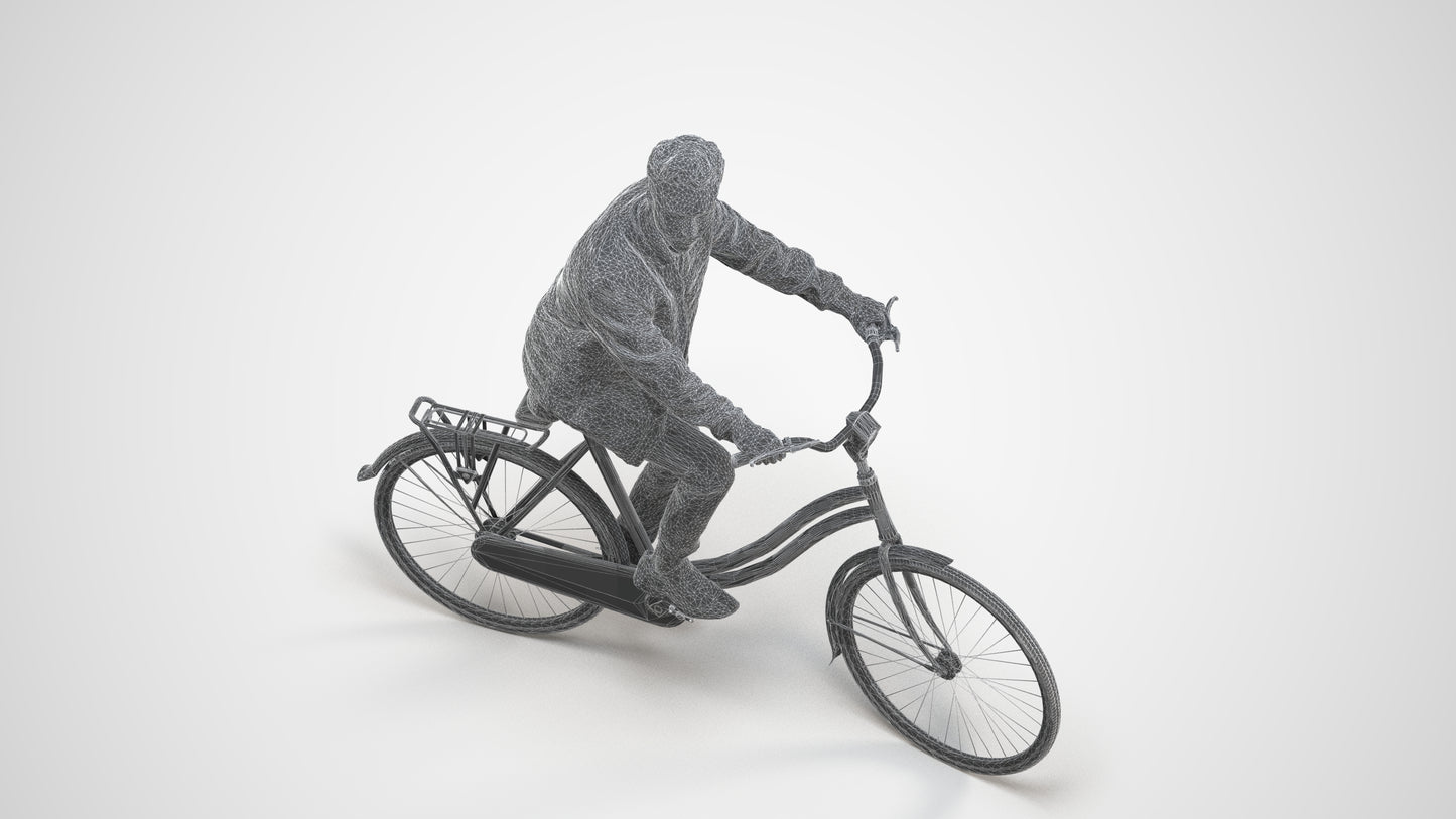 scanned 3D man casual cycling, photogrammetry people for Enscape and V-Ray, wireframe three-quarter view