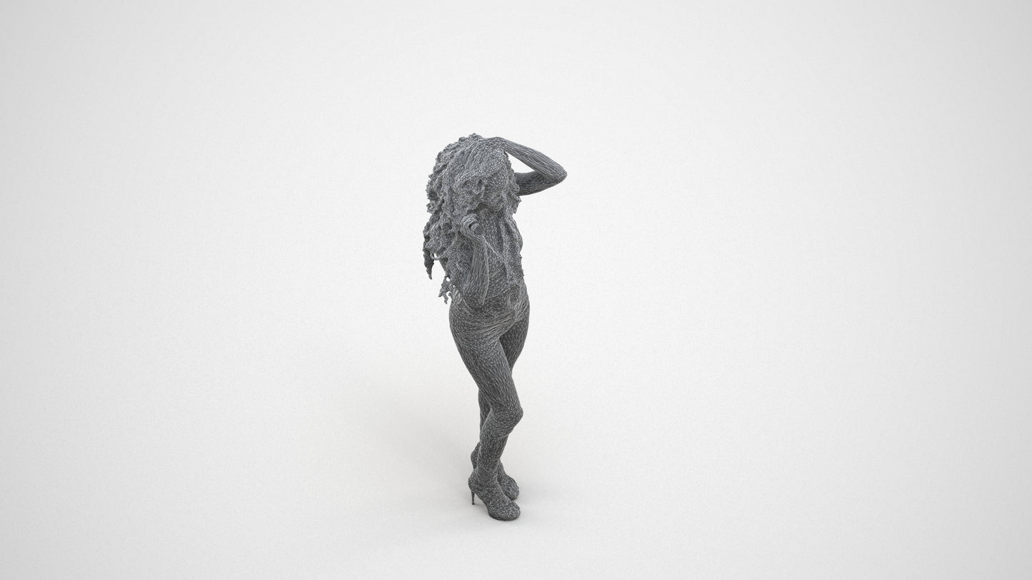 realistic 3D woman casual standing, scanned archviz people for Blender and 3ds Max, wireframe three-quarter view