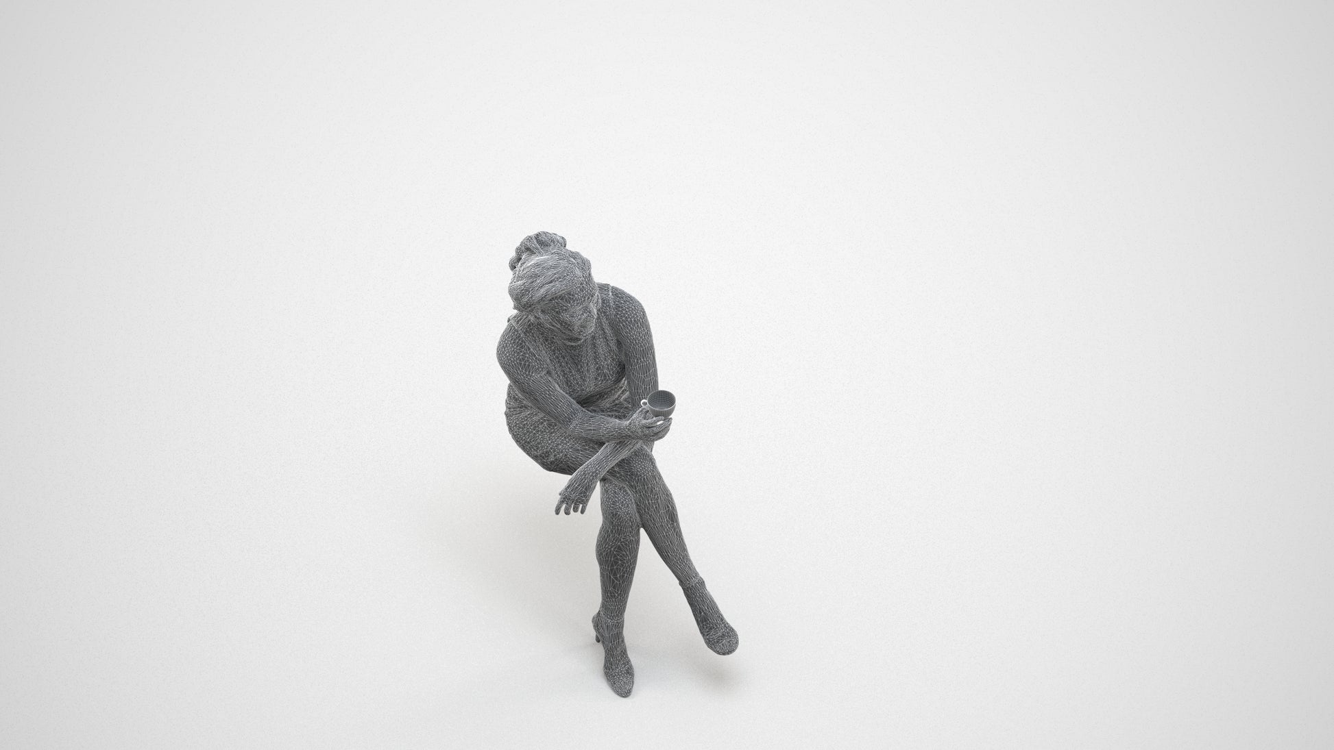 3D people model woman casual sitting, scanned human for 3ds Max rendering, wireframe three-quarter view