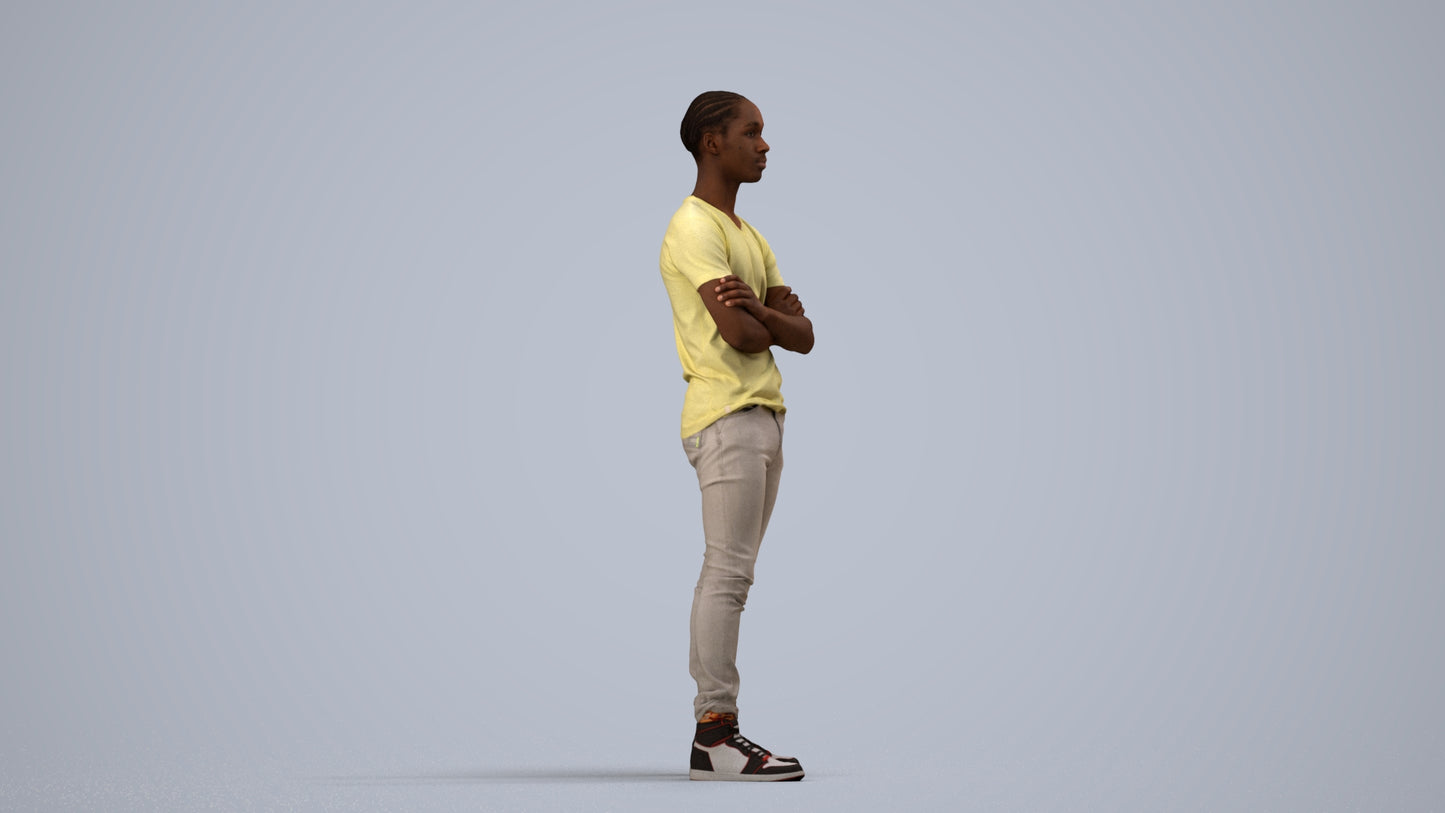 3D human model boy casual kids, photogrammetry scanned person for archviz, side view render
