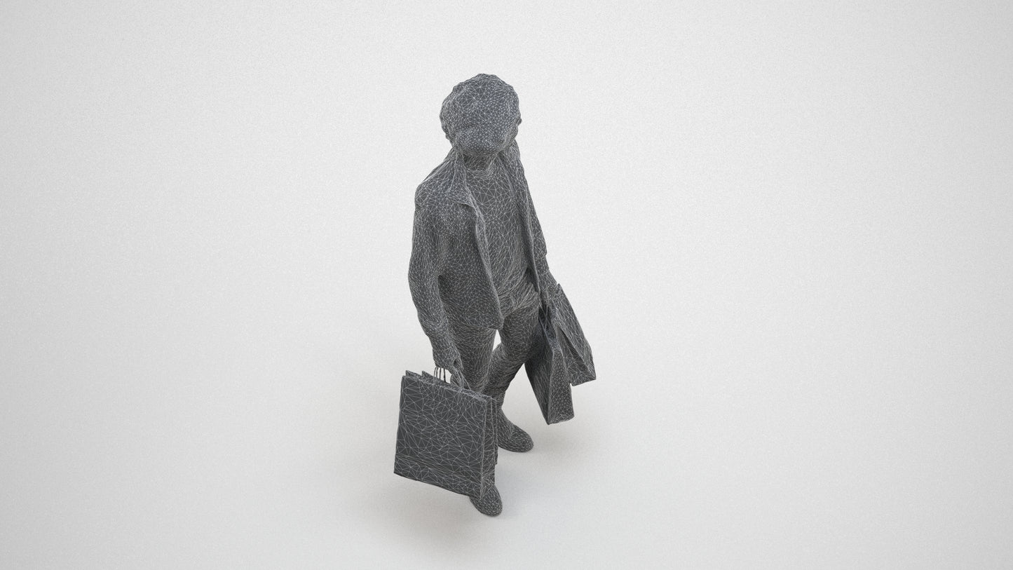 realistic 3D man casual shopping, scanned archviz people for Blender and 3ds Max, wireframe three-quarter view