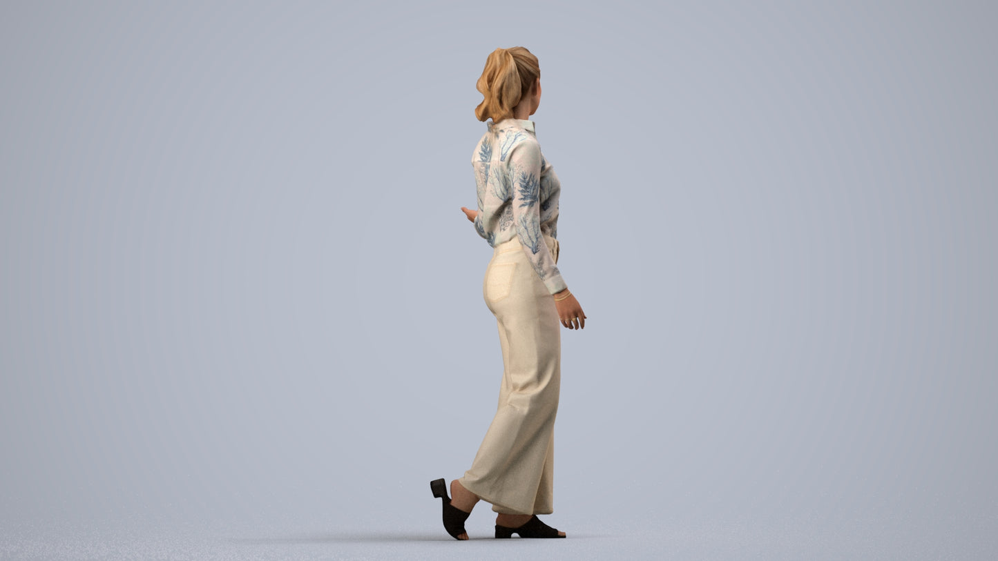 3D scanned woman walking casual, photorealistic archviz people for Enscape and SketchUp, side view render